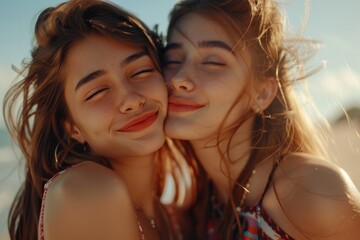 Fototapeta premium Two young women embracing on sandy beach. Suitable for friendship or travel concepts