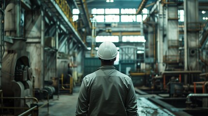 Fototapeta premium A male engineer in a hard hat inspects a large industrial facility. Viewed from behind in a vast workshop.