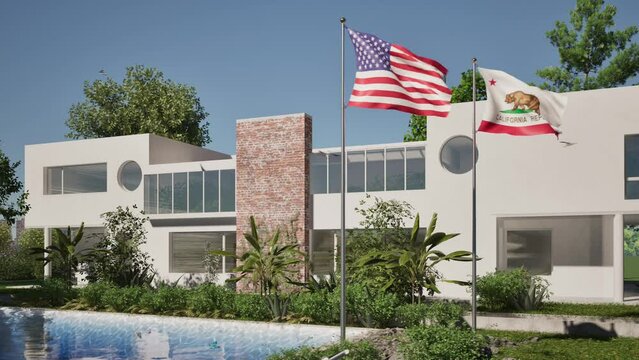 Modellazione 3D e video di edificio reaidenziale con piscina  e bandiere USA e California al vento
