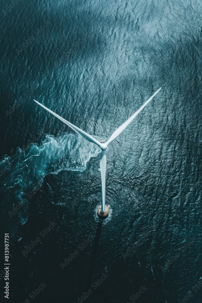 Poster a wind turbine standing in the middle of a body of water. suitable for environmental and renewable e