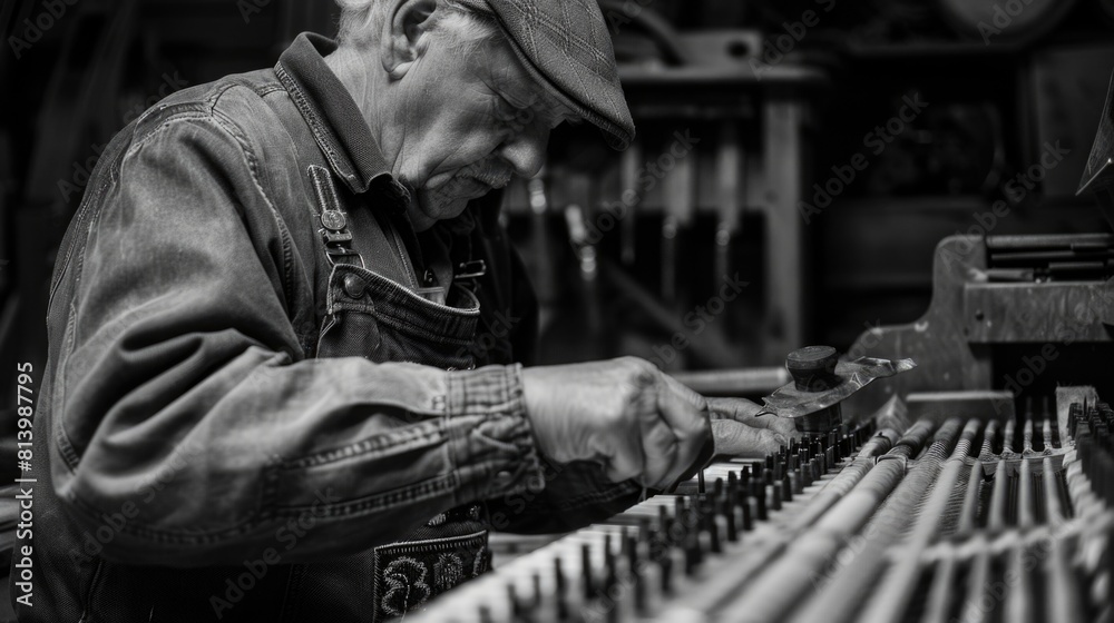 Poster a man operating machinery in a workshop. suitable for industrial and manufacturing concepts