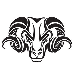 The image shows a stylized graphic drawing of a ram's head in black