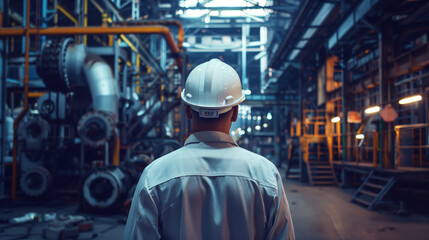 Back view of an engineer in a helmet at an industrial plant with heavy machinery.