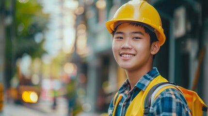 Young Asian male construction worker smiling, wearing a yellow hard hat and reflective vest in an urban setting. - Powered by Adobe