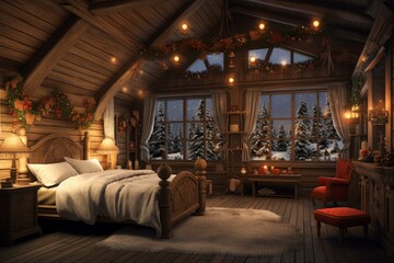 Naklejka premium Warm and inviting cabin bedroom decked with holiday decor, overlooking a snowy landscape through windows