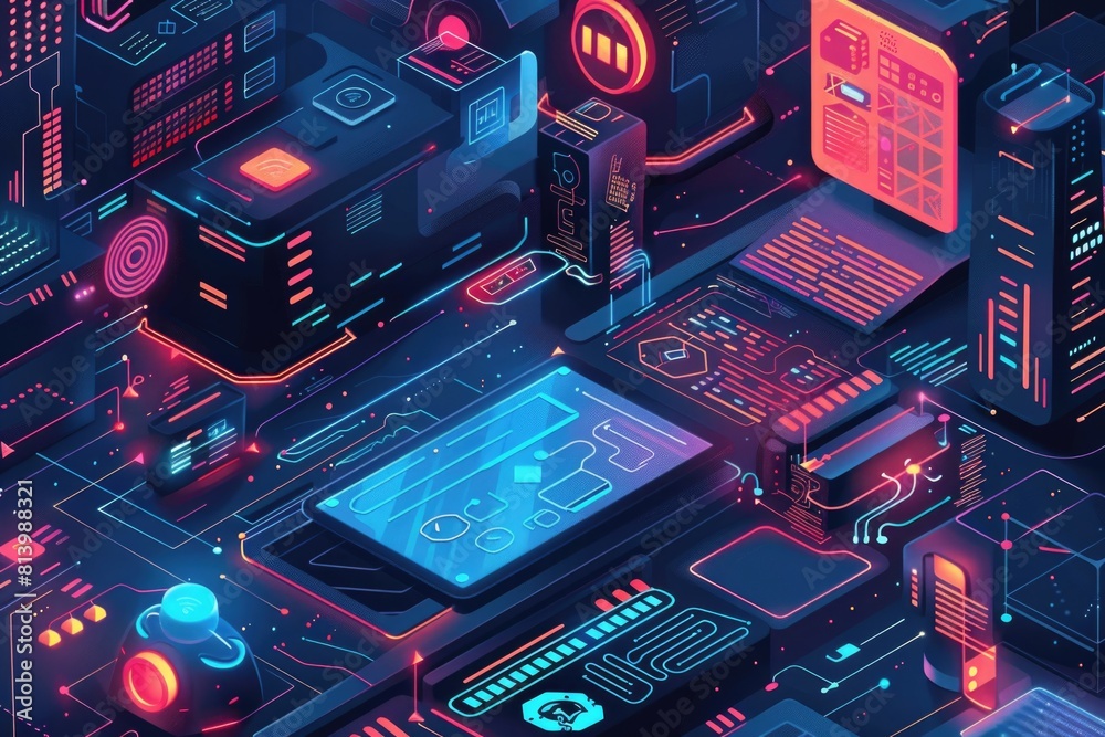 Poster various electronic devices arranged on a table. suitable for technology concept designs