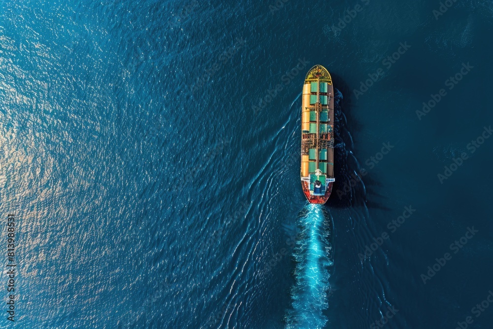 Poster a large container ship traveling on a body of water. ideal for transportation and shipping concepts