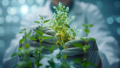 Scientist holding green plant with a digital overlay