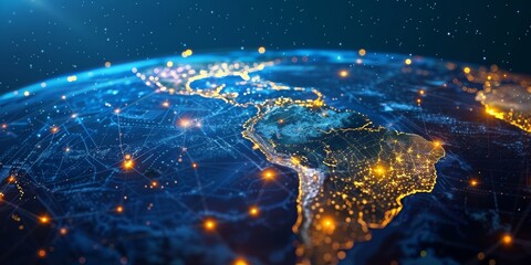 Digital map of South America with global network connections and glowing lights, representing the interconnectivity of AI in national trade and marketing strategies