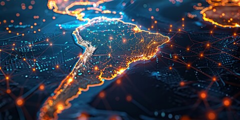 Digital map of South America with global network connections and glowing lights, representing the interconnectivity of AI in national trade and marketing strategies