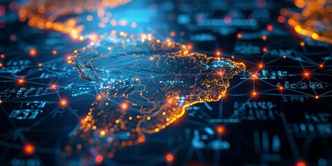 Digital map of South America with glowing connections, representing global network and connectivity in digital marketing for Brazilian clients