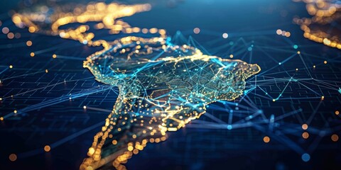 Digital map of South America with global network connections and glowing lights, representing the interconnectivity of AI in national trade and marketing strategies