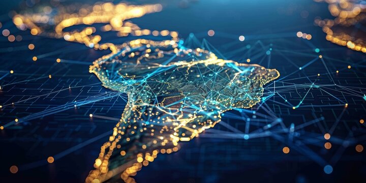 Digital map of South America with global network connections and glowing lights, representing the interconnectivity of AI in national trade and marketing strategies