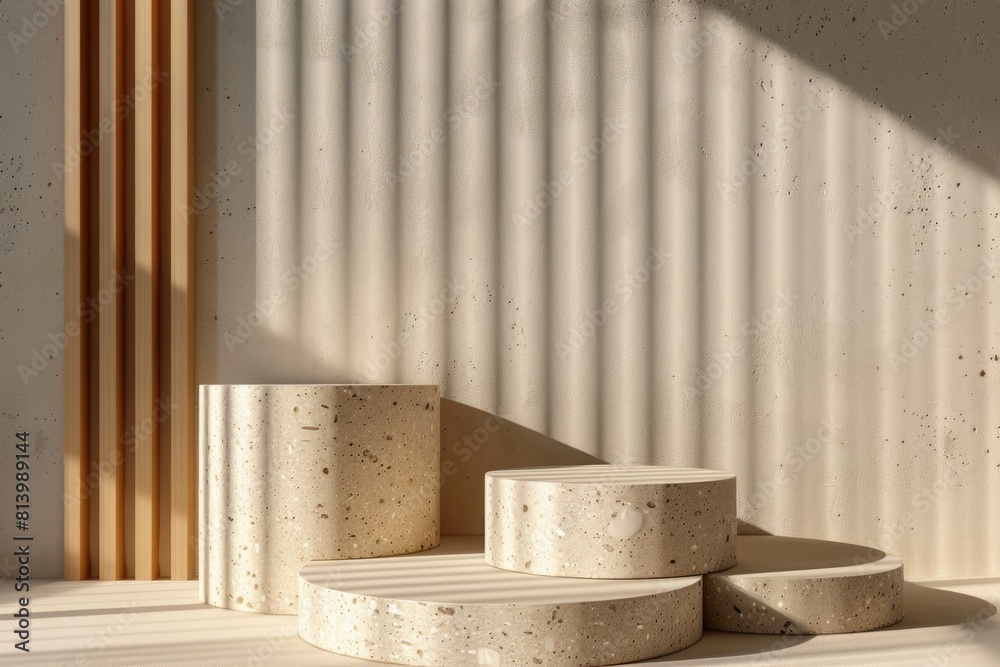 Poster Three concrete pedestals on the floor. Suitable for architectural design projects