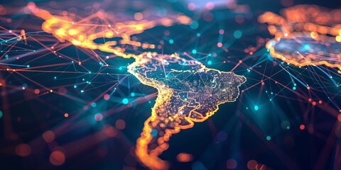 Digital map of South America with glowing connections, representing global network and connectivity in digital marketing for Brazilian clients