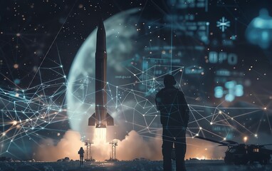 AI Theme Military rocket midlaunch, surrounded by artificial intelligence algorithms visualized as interconnected neural networks, fused with a business engineer adjusting a highte