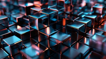 An immersive 3D visualization of futuristic blue metallic cubes, closely packed with highly reflective surfaces creating a mesmerizing pattern.
