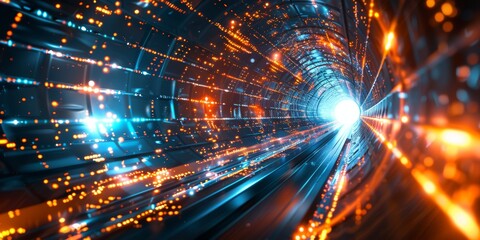 Naklejka premium Digital technology background with blue and orange lights, glowing digital data streams in the center of abstract futuristic space tunnel or dark corridor with light particles and