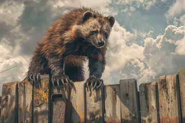 A brown bear standing on top of a wooden fence. Perfect for wildlife or nature concepts