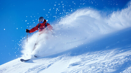 Dynamic image of a skier in a red jacket swiftly descending a snow-covered slope, creating a spray of snow.