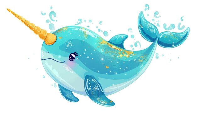 Cute cartoon narwhal with a shiny gold horn, perfect for children's books or educational materials