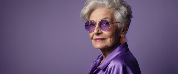 Elderly Caucasian woman in chic attire, radiating joy, against a violet backdrop.