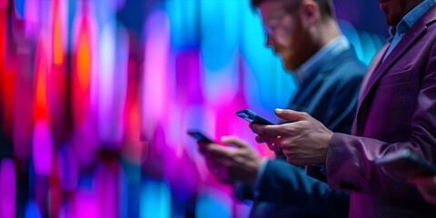 Businessmen use smartphones to monitor social media for marketing and promotions. Concept Smartphone Usage, Social Media Monitoring, Marketing Strategies, Business Promotion