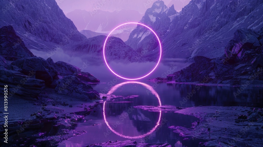 Poster a serene image of a purple light reflecting in a calm lake. suitable for nature and landscape themes
