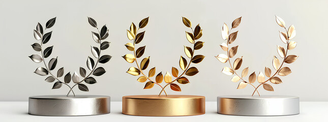 3 podium pedestal with golden laurel wreath on blank background. Award winning concept design. Winner first, second, third, place or gold, silver, brone. Generative AI.