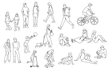 Silhouettes men, women, teenagers and children standing, walking, sitting, skateboarding, linear sketch,  black color, vector, group recreation people, students, flat design concept isolated on white