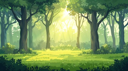 Peaceful forest clipart with tall trees and dappled sunlight