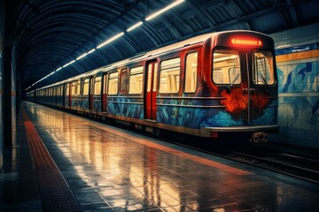 Obraz premium A retro subway train stopped at a dimly lit station with vibrant wall art