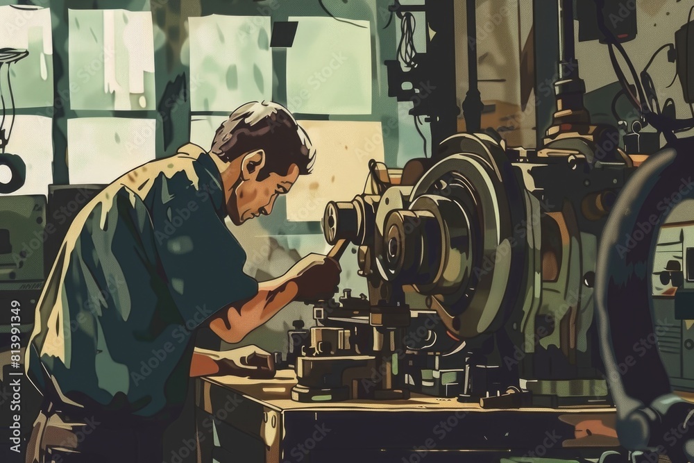 Poster A man working on a machine in a workshop. Suitable for industrial and manufacturing concepts