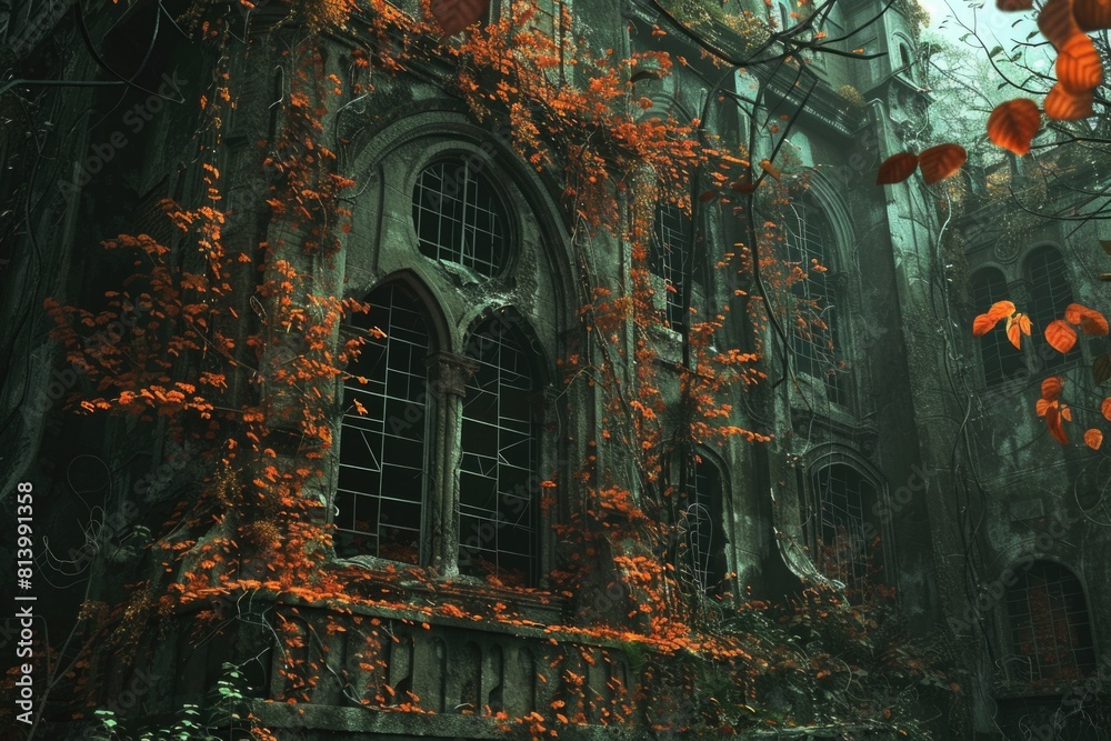 Poster a decaying structure overgrown with foliage. suitable for architectural or nature themes