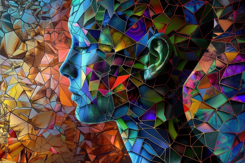 Poster Close up of a person's face in a mosaic pattern, suitable for design projects