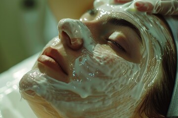 Woman getting a facial mask treatment at a beauty salon. Perfect for beauty and skincare concepts