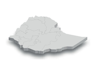 3d Ethiopia white map with regions isolated