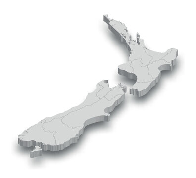 3d New Zealand white map with regions isolated