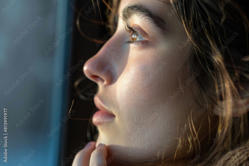 Poster close up of a person looking out a window, suitable for various concepts and designs