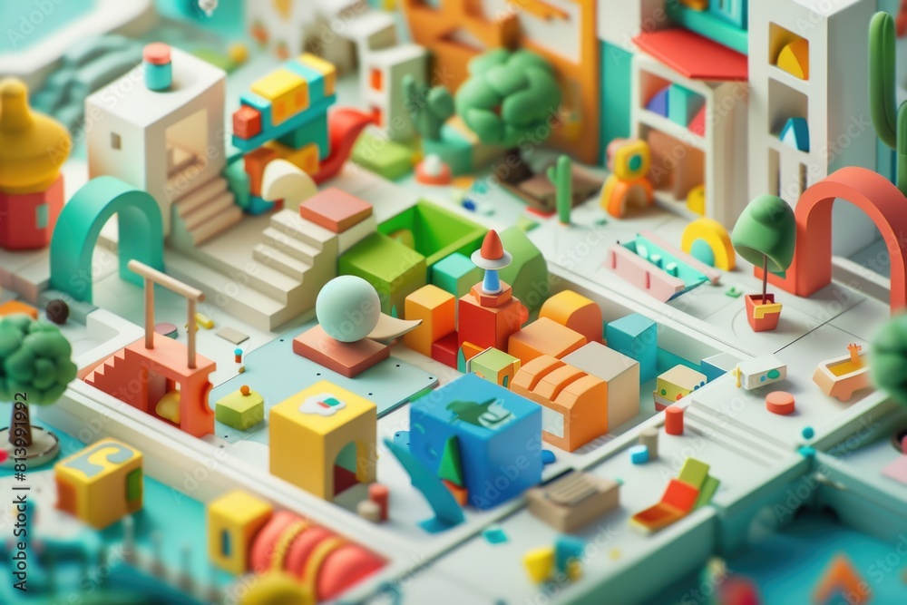Poster Miniature cityscape with toy train and buildings. Perfect for model train enthusiasts or urban development concepts