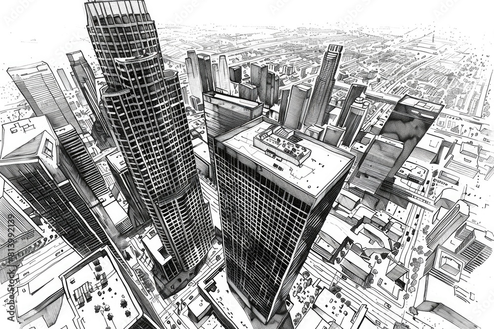 Poster Detailed black and white illustration of a city, suitable for architectural projects