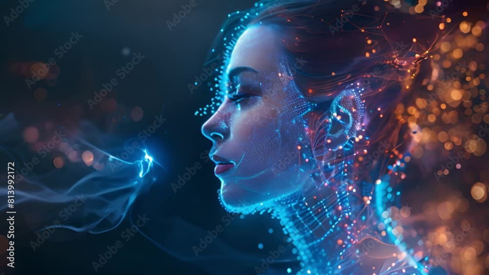 Aufkleber A womans face is illuminated by soft glowing lights in the background, creating a captivating ambiance.