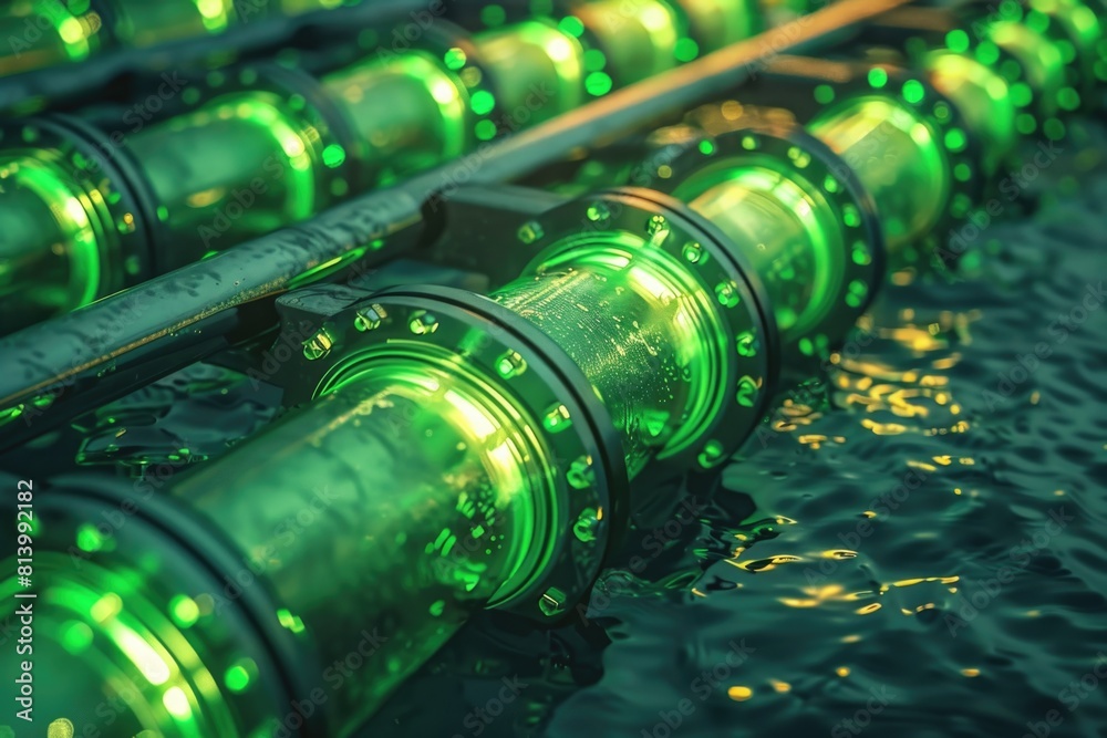 Poster a bunch of green lights floating in water. suitable for various creative projects