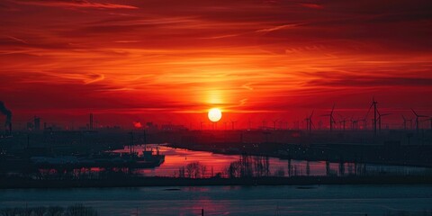 Beautiful sunset scene with windmills in the background. Perfect for nature or renewable energy concepts