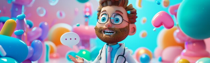 Cartoon character of a man with a beard and glasses in a room full of balloons. doctor background 