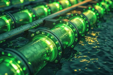 A bunch of green lights floating in water. Suitable for various creative projects