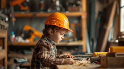 Young boy in a hard hat working on a piece of wood. Suitable for construction or woodworking concepts