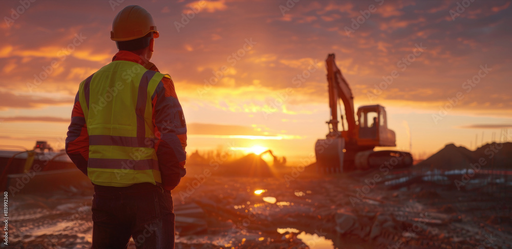 Poster a construction worker standing in front of a construction site. ideal for construction industry conc