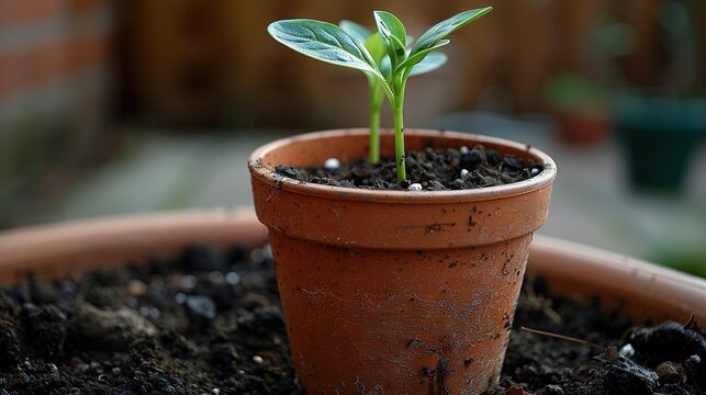   A close-up of a miniature plant in potting soil on a brick wall backdrop