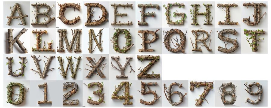set of alphabet made from tree branches isolated on white